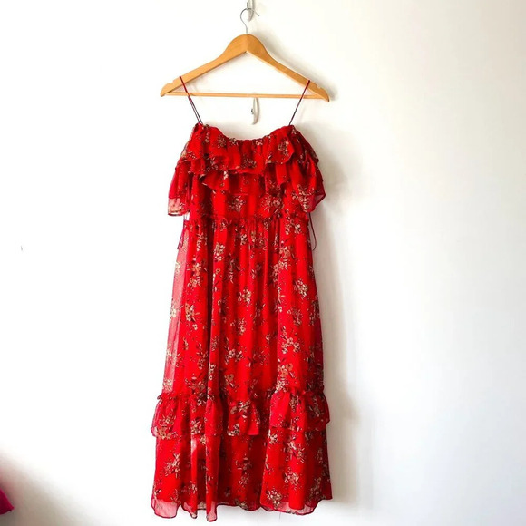 Zara Ruffle Tiered Midi Dress Blogger Fav  Red Floral Size Medium - Picture 7 of 9